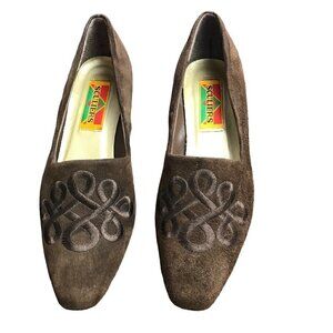 Vintage Souliers Brown Suede Leather Square Toe Low Heel Embroidered Shoes Sz 8